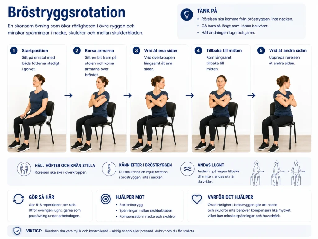 Sittande bröstryggsrotation för att minska stelhet och kompensatoriska spänningar vid spänningshuvudvärk.