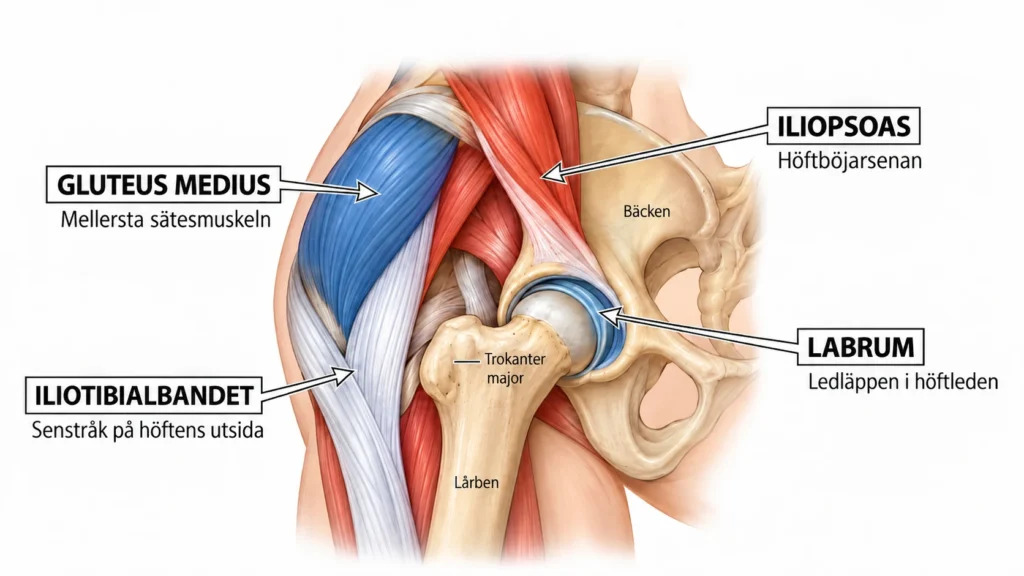 Anatomisk illustration av höften som visar iliopsoas, gluteus medius, iliotibialbandet och labrum, strukturer som kan vara involverade vid knäppande höft.
