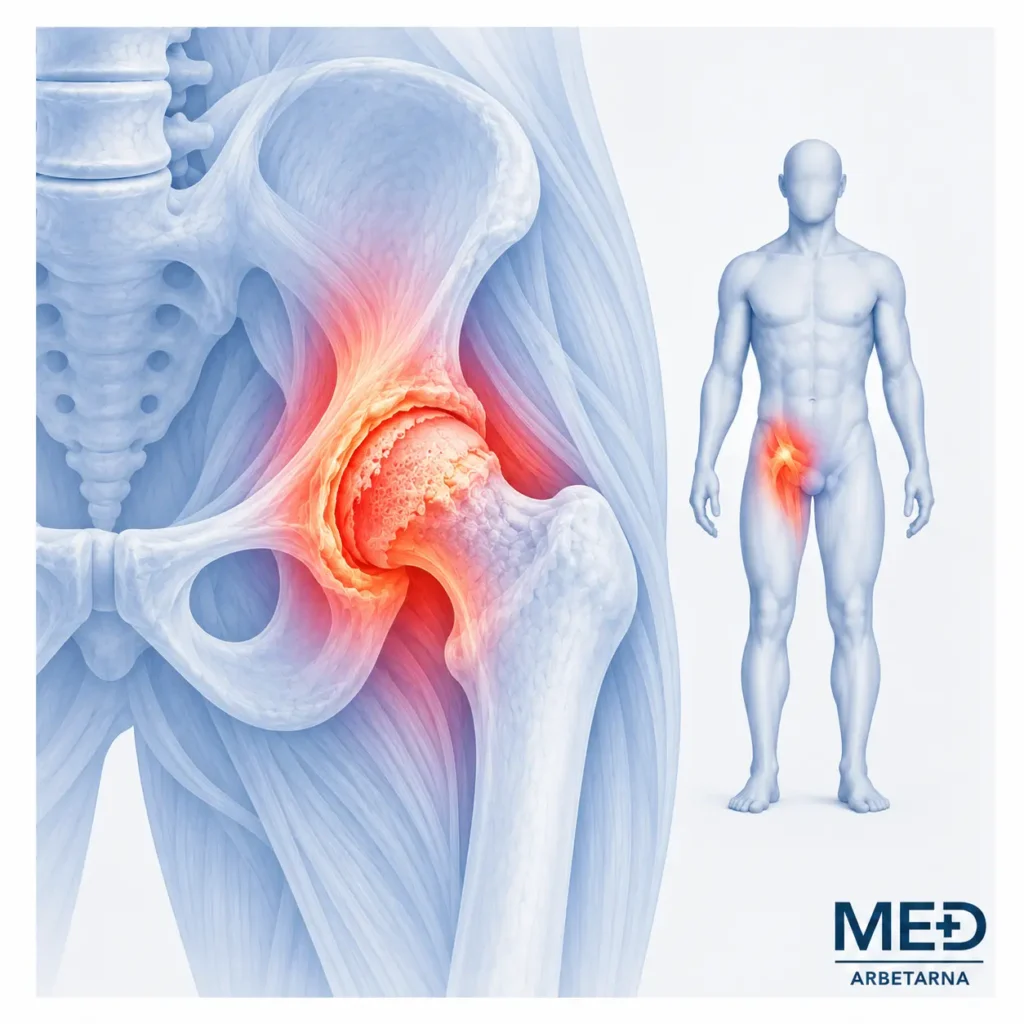 Anatomisk illustration av höftartros med förändrat brosk och ojämna ledytor i höftleden.