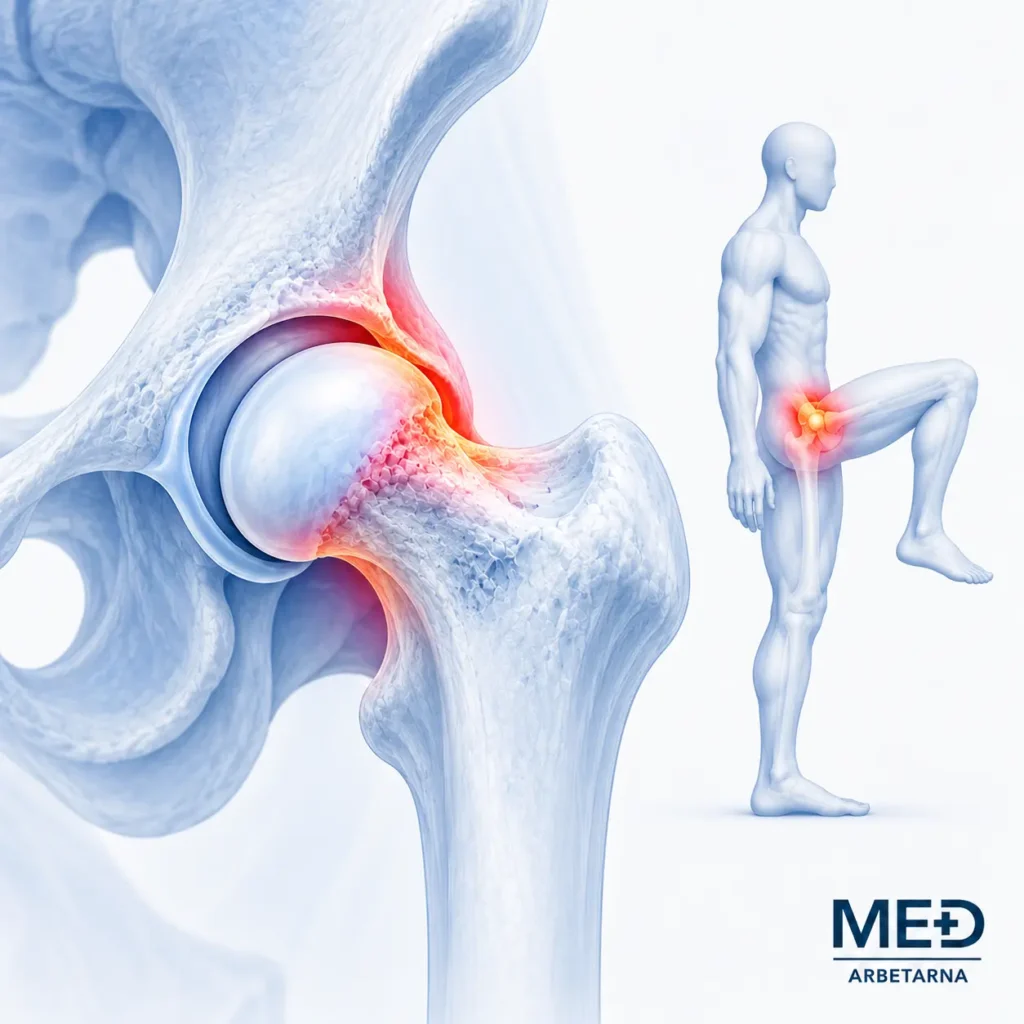 Anatomisk illustration av CAM-impingement där lårbenshalsen kommer i kontakt med höftledsskålens kant vid höftböjning.